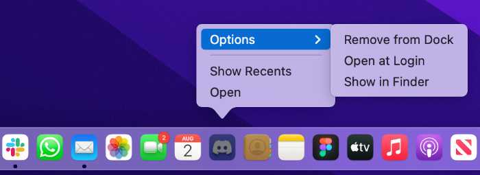 Rechtsklikken op een Dock-symbool met het submenu Opties en Verwijder uit Dock