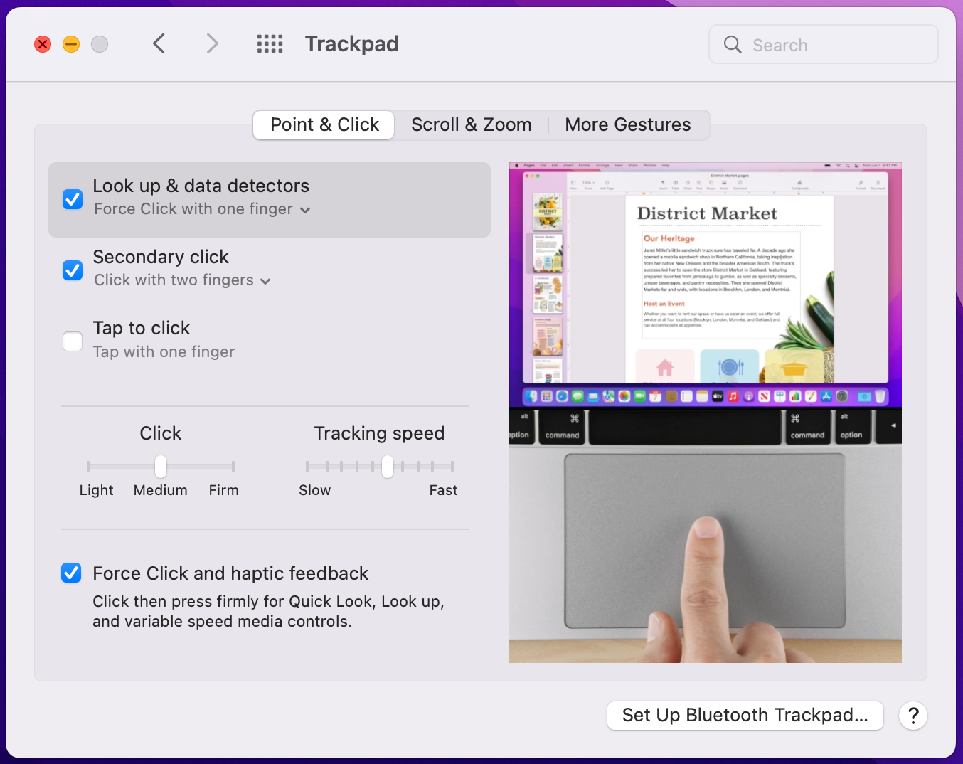 Trackpad-instellingen met de opties Secundair klikken en Tikken om te klikken en een voorvertoning van een gebaar