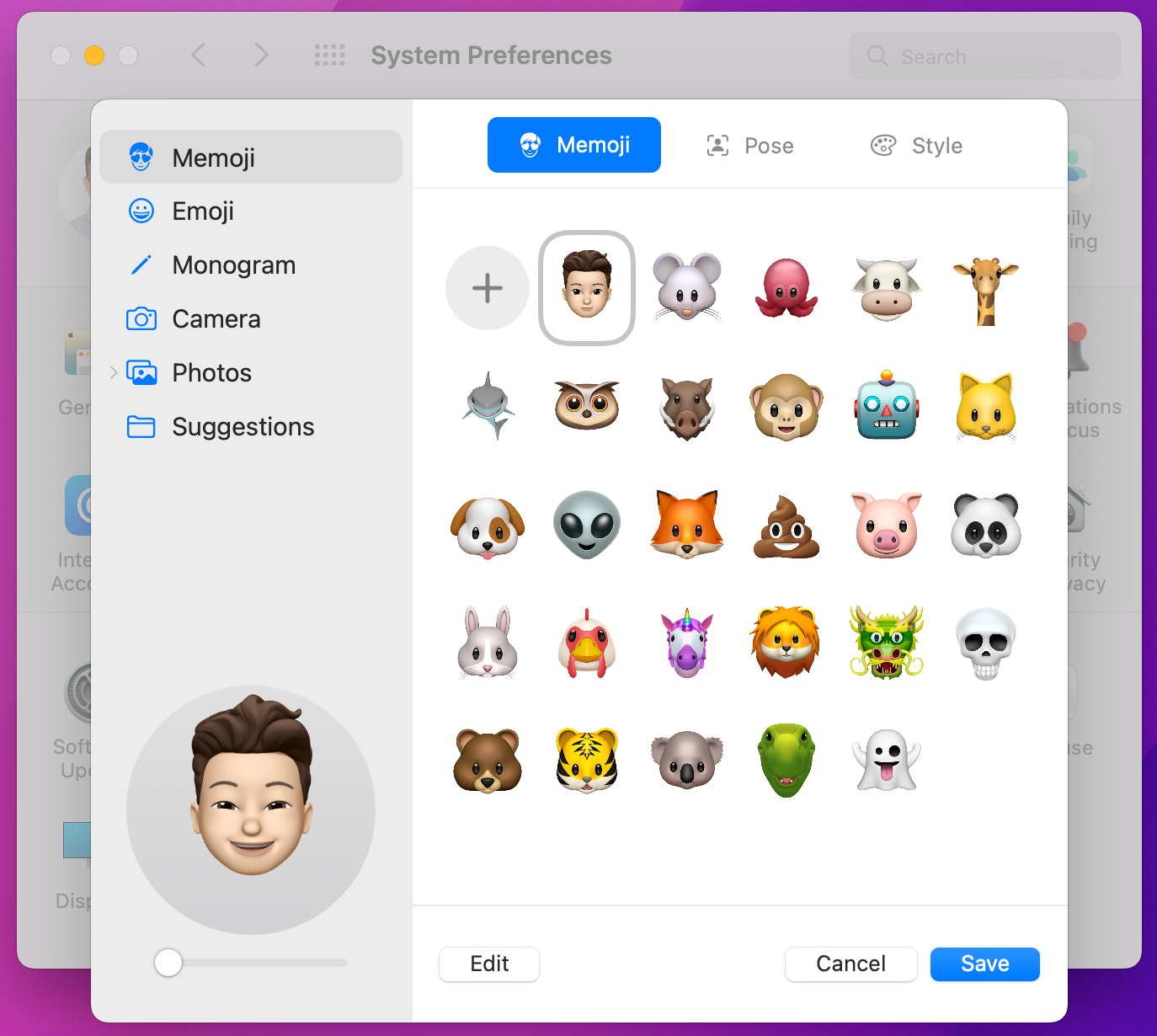 De kiezer voor het gebruikerssymbool met een raster van memoji-opties