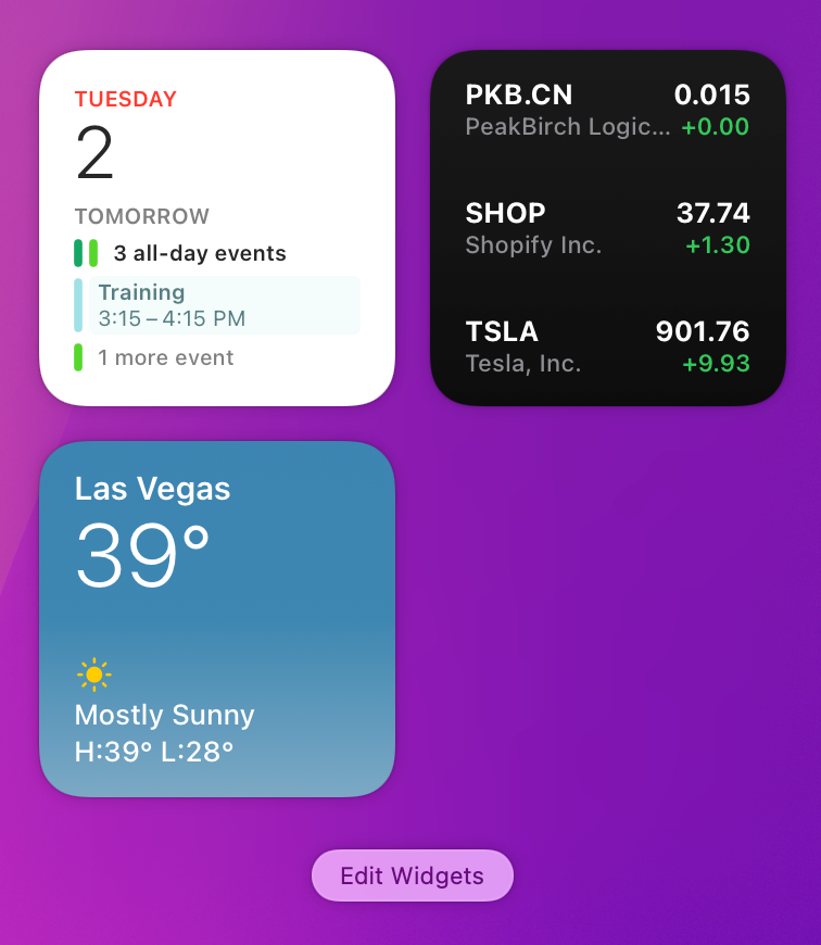 Meldingencentrum met widgets voor Agenda, Aandelen en Weer en de knop Wijzig widgets