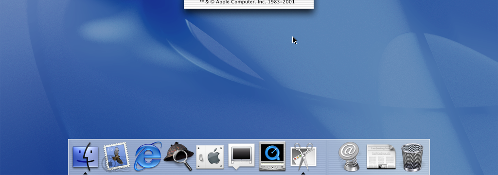 Het bureaublad en Dock van Mac OS X 10.0 Cheetah