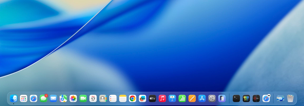 Het bureaublad en Liquid Glass Dock van macOS 26 Tahoe