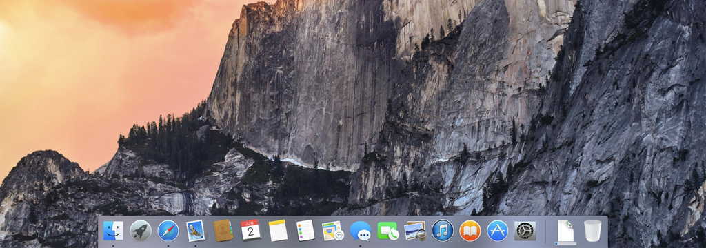 Het bureaublad en platte Dock van OS X 10.10 Yosemite