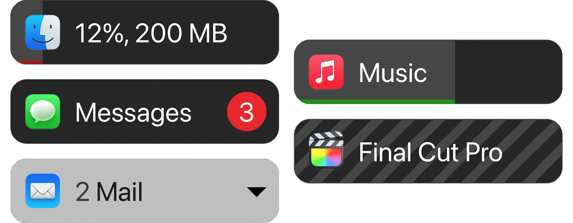 uBar tiles showing CPU usage, a Messages badge, a window group, track progress in Music, and a striped unresponsive Final Cut Pro tile