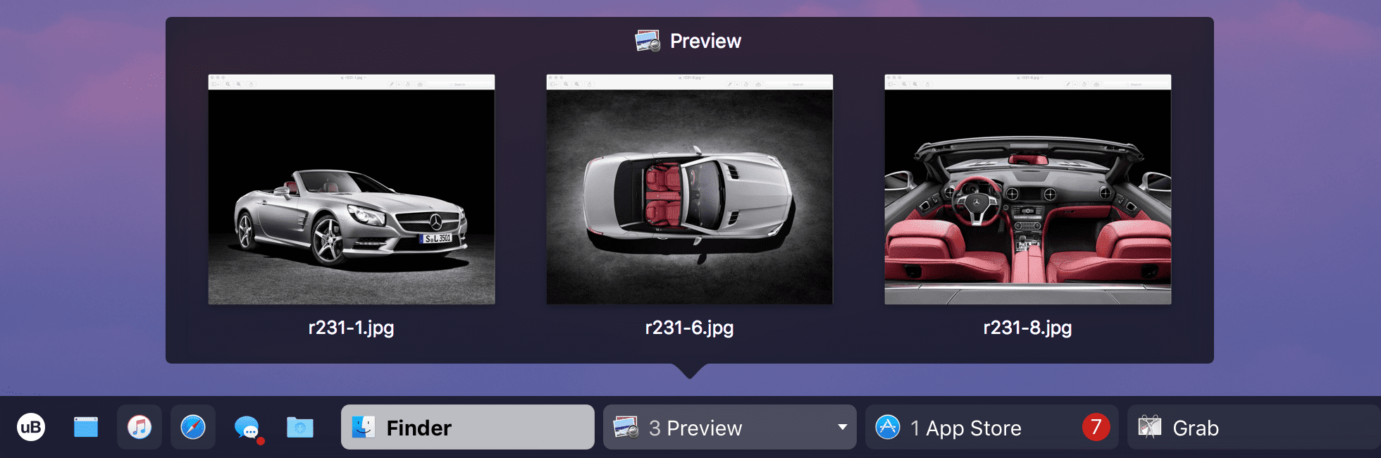 uBar showing live window previews above a grouped Preview tile in the task bar